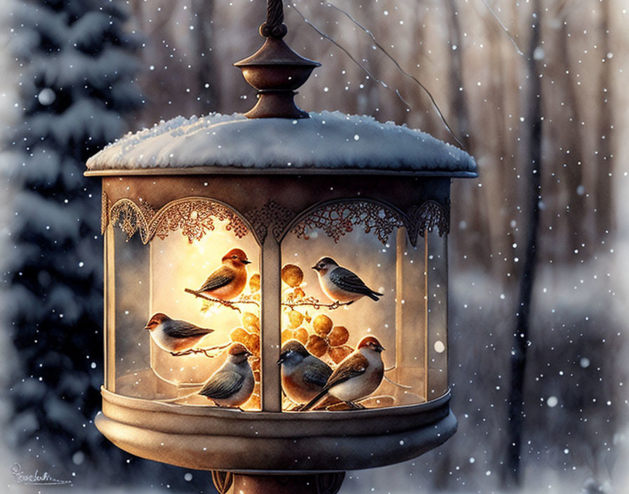 Ornate lantern with small birds glowing in falling snow.