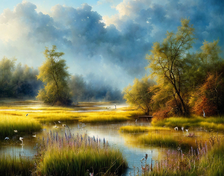 Tranquil landscape with misty river, lush greenery, vibrant grasses, and birds