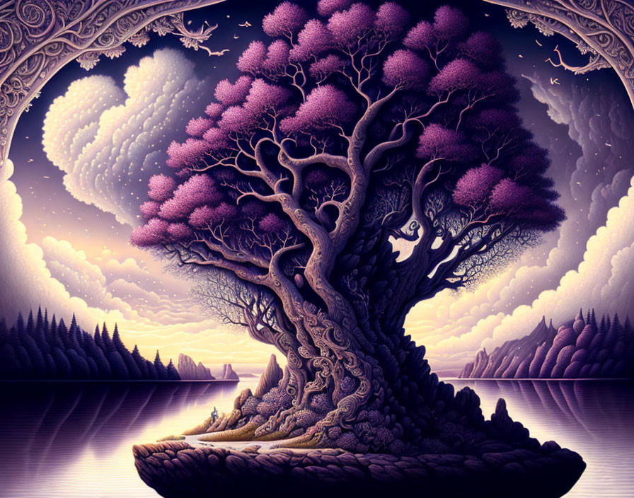 Majestic purple tree on island with ornate border, whimsical clouds, tranquil lake