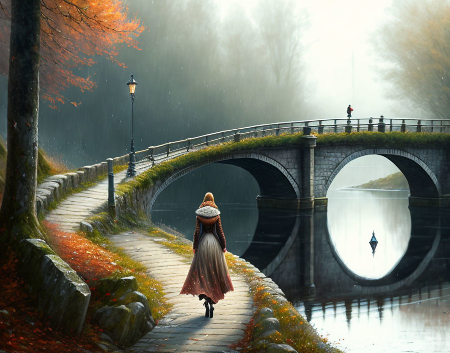 Person in Warm Cloak Walks by River Bridge in Autumn