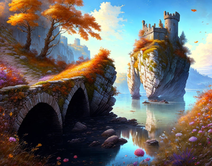 Ancient stone bridge and castle in vibrant autumn landscape