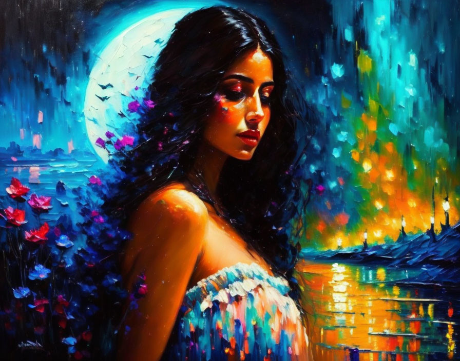 Dark-haired woman in luminous night scene with reflective water and colorful foliage under full moon