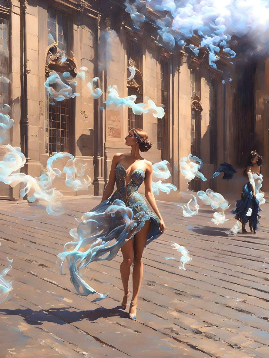 Elegant woman in blue costume surrounded by ethereal smoke birds