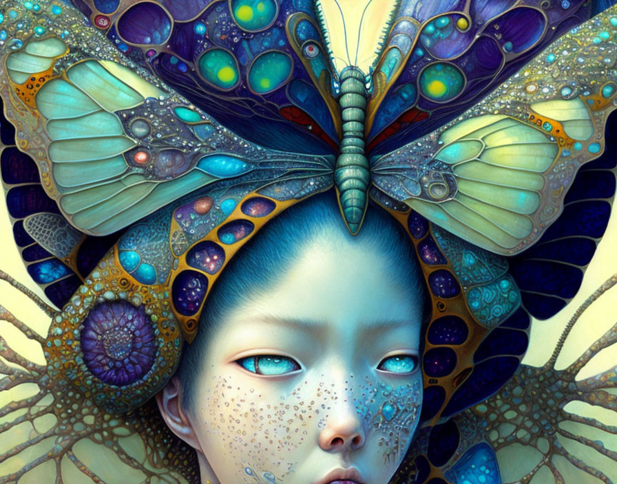 Vibrant butterfly headdress fantasy illustration with intricate patterns