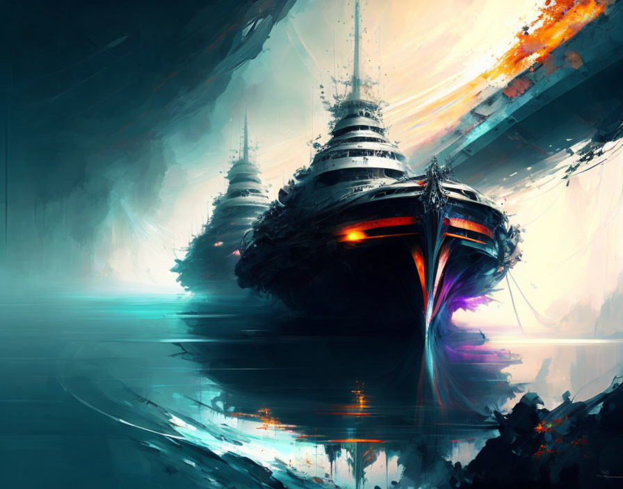 Futuristic spaceships over reflective water with cool and warm tones