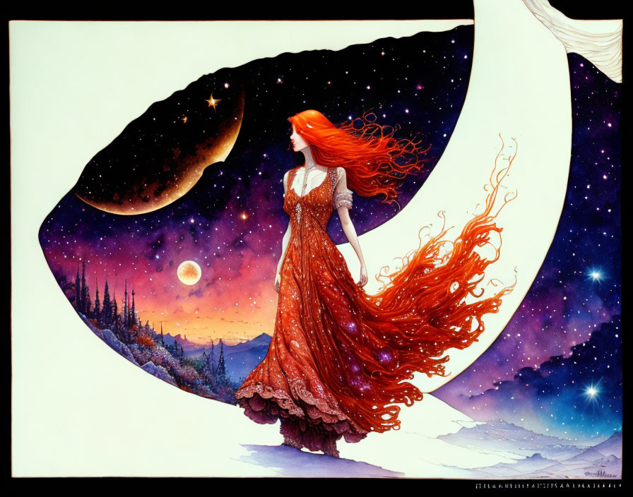 Illustration of woman with red hair blending into crescent moon landscape