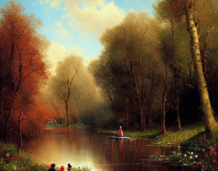 Tranquil river landscape with autumn trees and solitary figure in boat