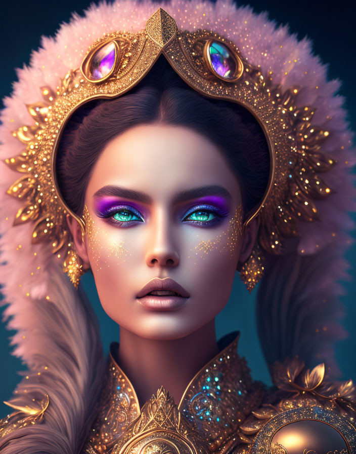 Digital Artwork: Woman with Blue and Purple Eye Makeup, Golden Headdress, and Fur Collar