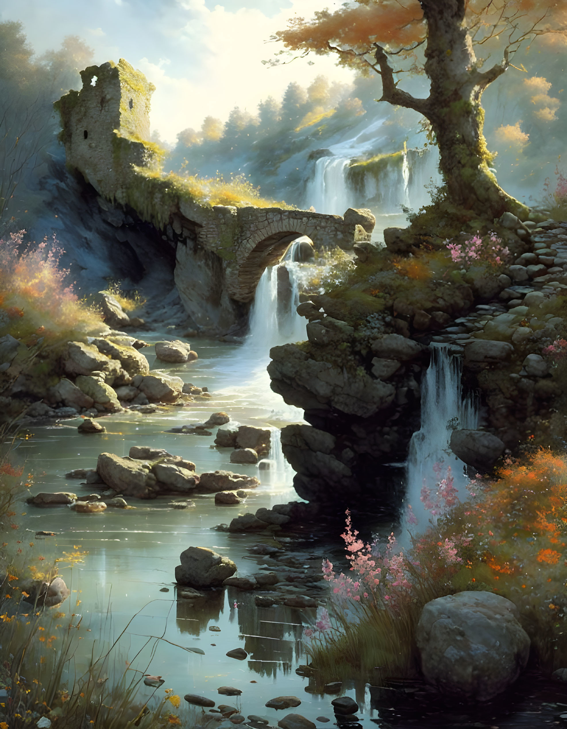 Ancient stone bridge over waterfall in idyllic landscape