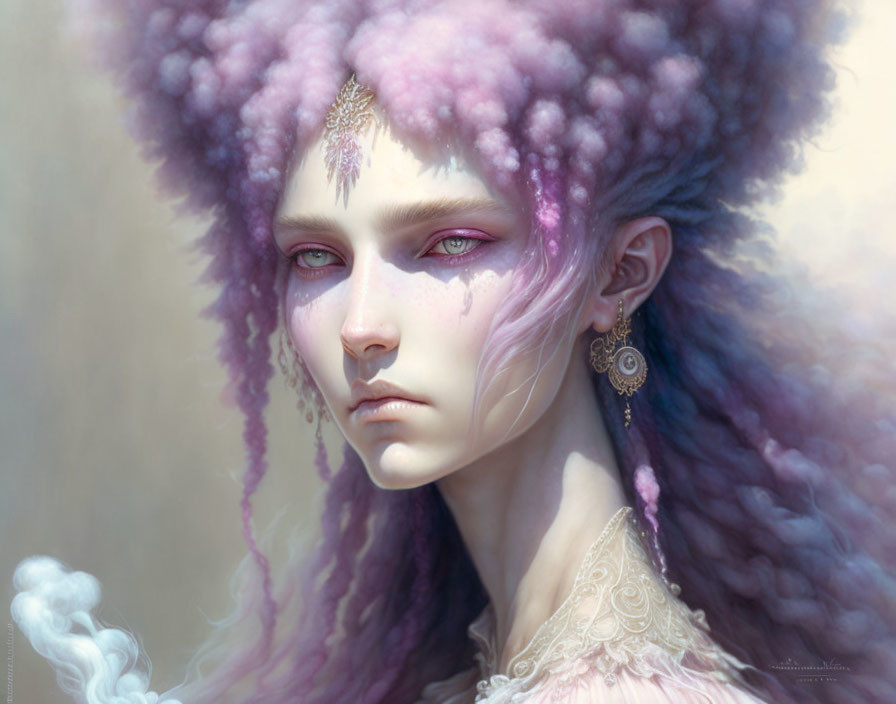 Fantastical portrait of person with purple hair and ornate jewelry