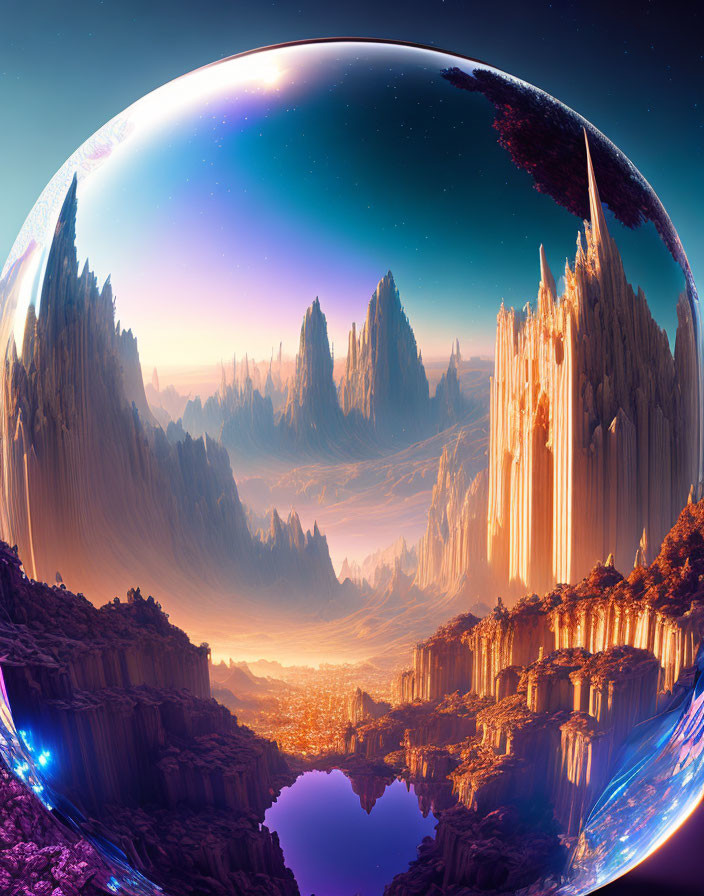 Fantastical landscape with towering rock formations under starry sky in vast reflective bubble