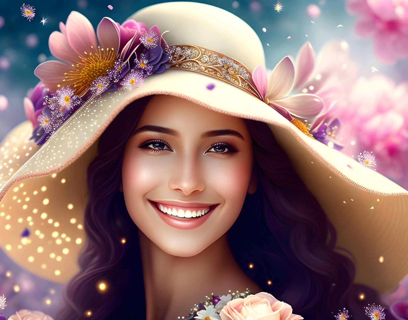 Smiling woman with flower-adorned hat in digital portrait