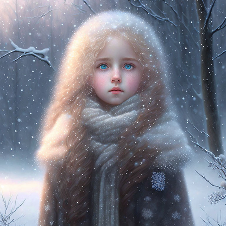 Young girl with blue eyes in snowy forest with falling snowflakes