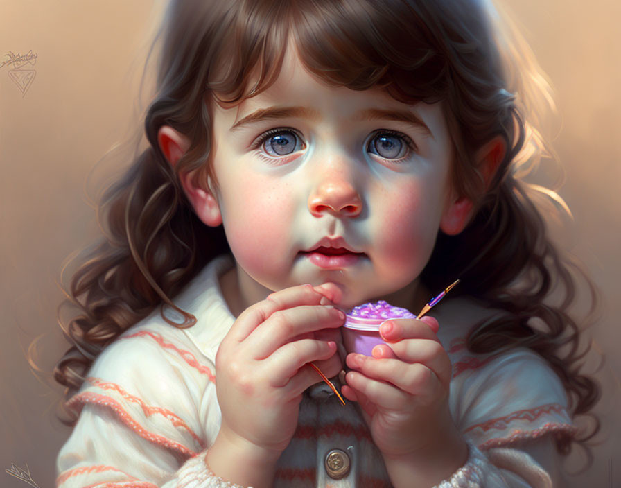 Digital painting: Young girl with brown eyes and curly hair holding purple object.