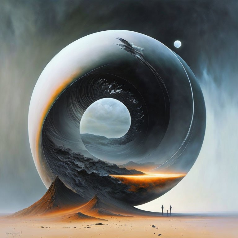 Barren landscape with two figures and surreal spherical structure