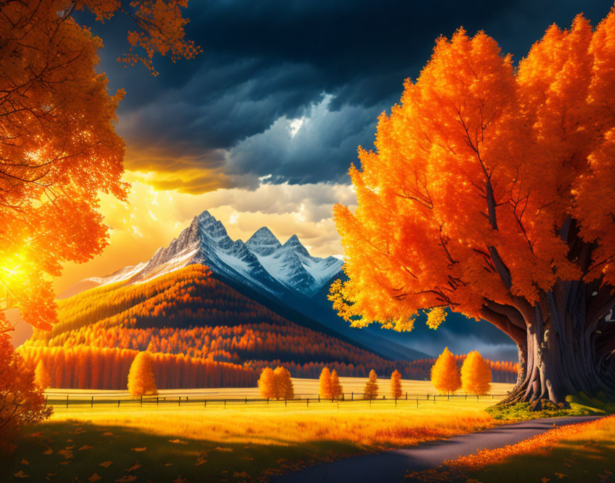 Scenic path with autumn trees and snow-capped mountains