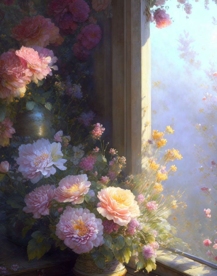 Luminous painting of pink and yellow flowers by a window