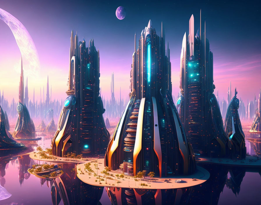 Neon-lit futuristic cityscape with high-rise buildings and water under twilight sky