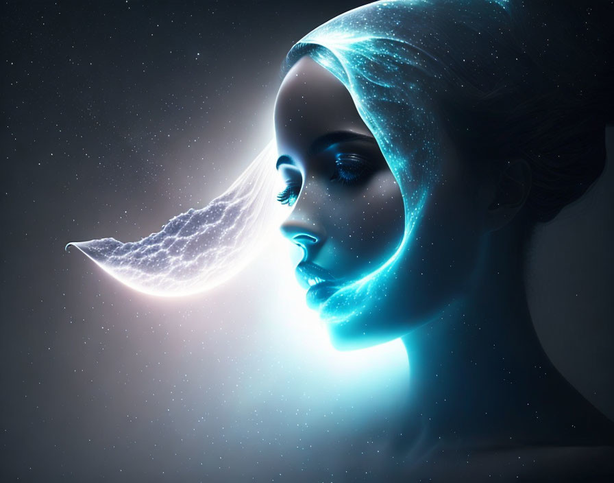 Woman's profile merges with crescent moon in cosmic digital art