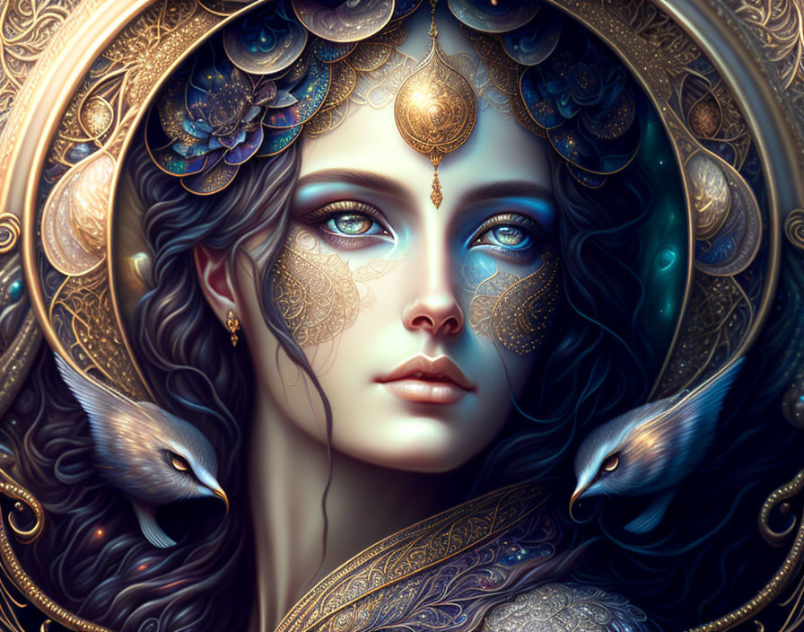 Fantasy portrait: Woman with blue eyes, ornate gold headdress, intricate designs, blue birds