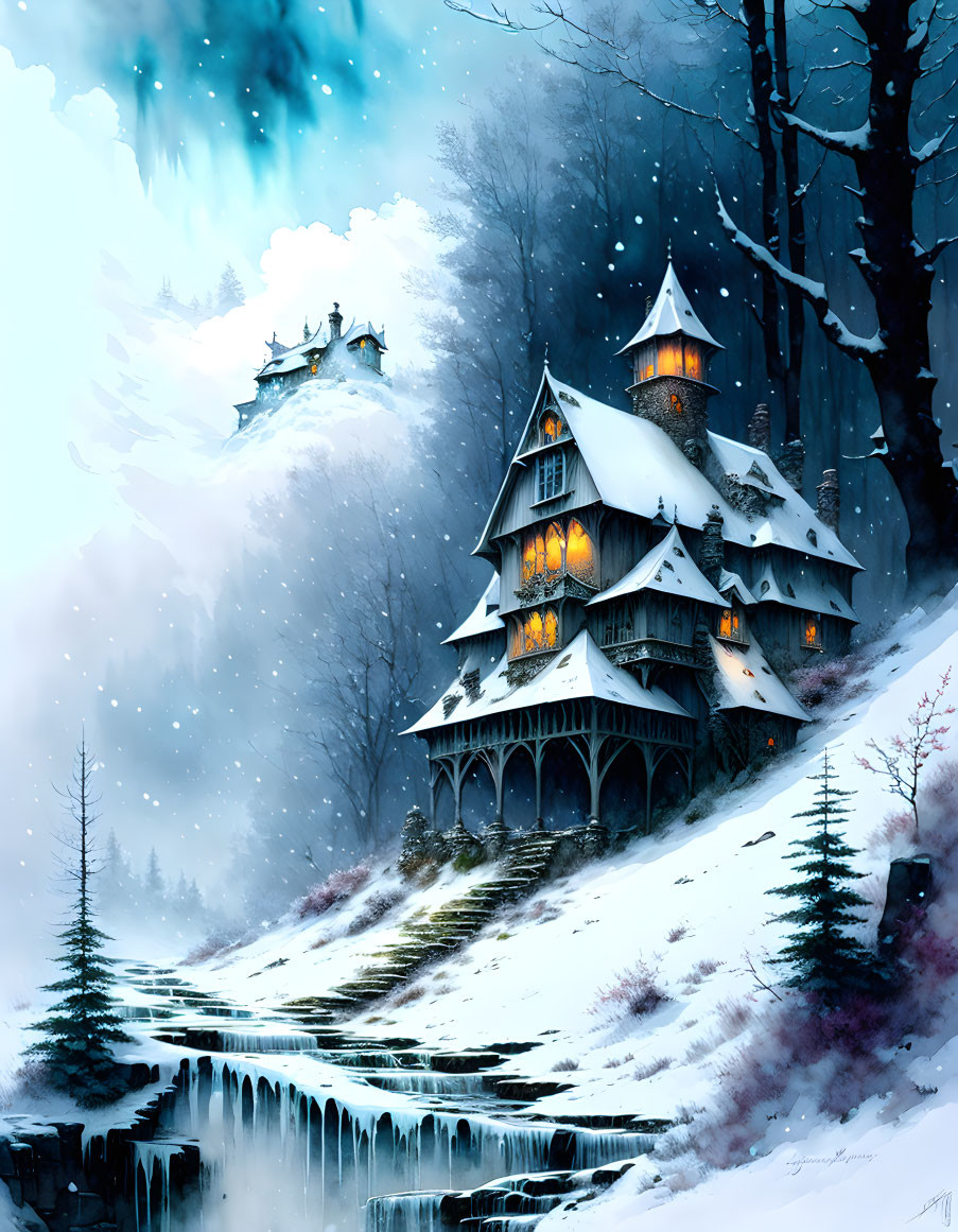 Snowy landscape with cottage, frozen waterfall, and floating city in the sky