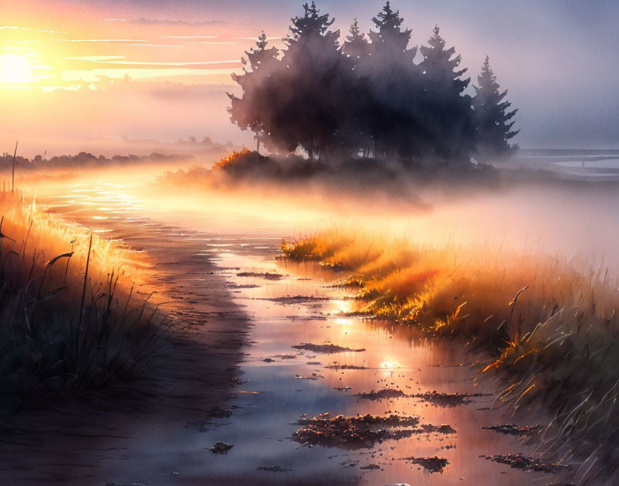 Misty sunrise landscape with winding path through grassy fields