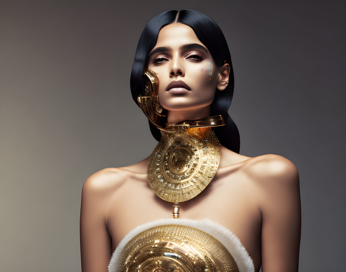 Woman with black hair in ornate golden collar & shoulder piece