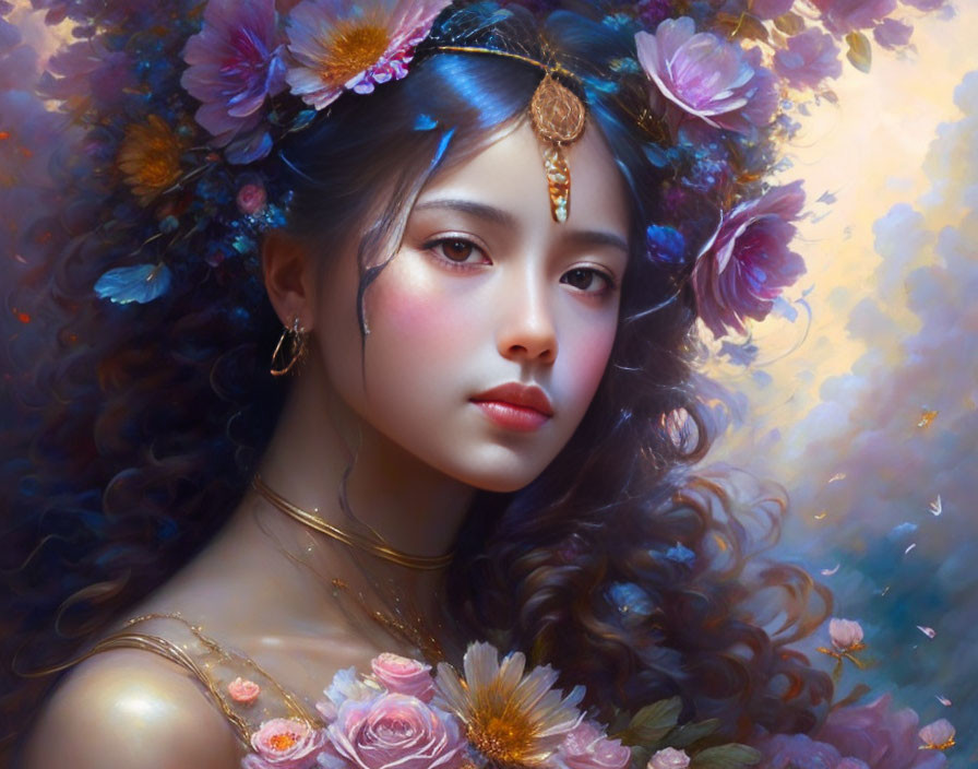 Portrait of young woman with floral adornments in soft glow