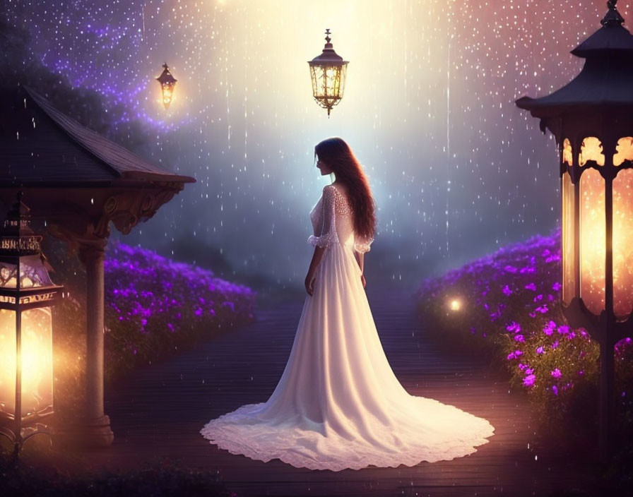 Woman in white dress on flower-lined path under glowing lanterns with ethereal light and raindrops.