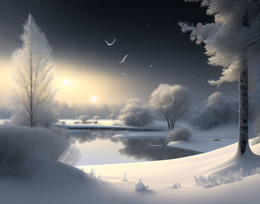 Snowy Trees and Frozen River in Dusk Winter Landscape