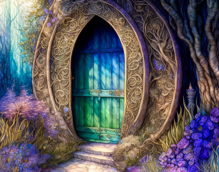 Illustration of ornate wooden door in tree trunk with glowing forest path