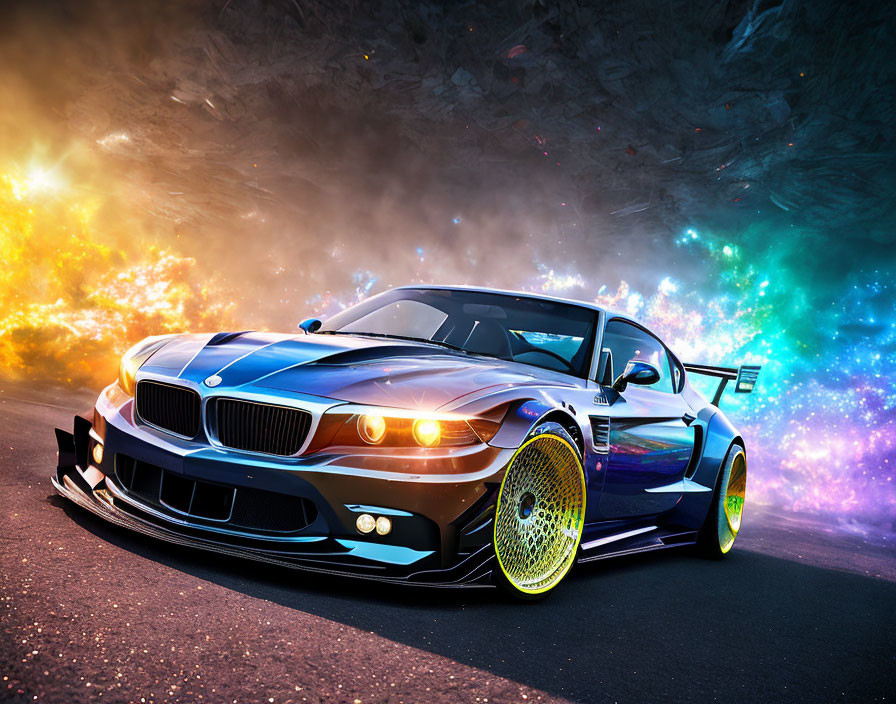 Custom Wide-Body BMW with Yellow Rims on Neon Road