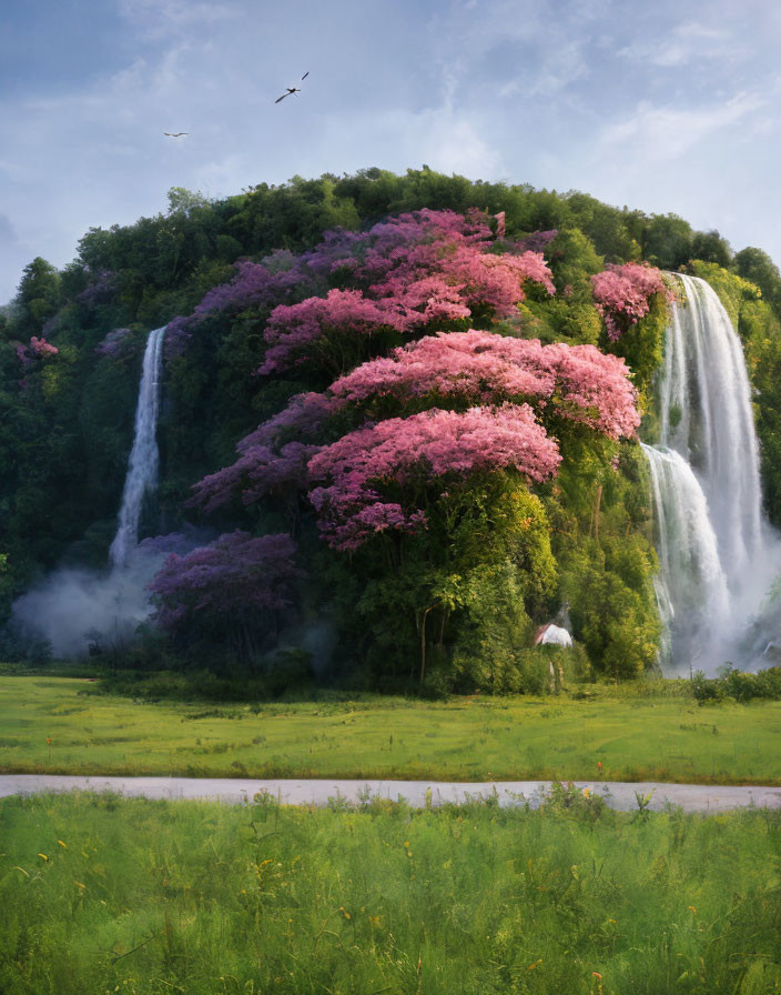 Scenic waterfall with pink blossoms and birds in lush landscape