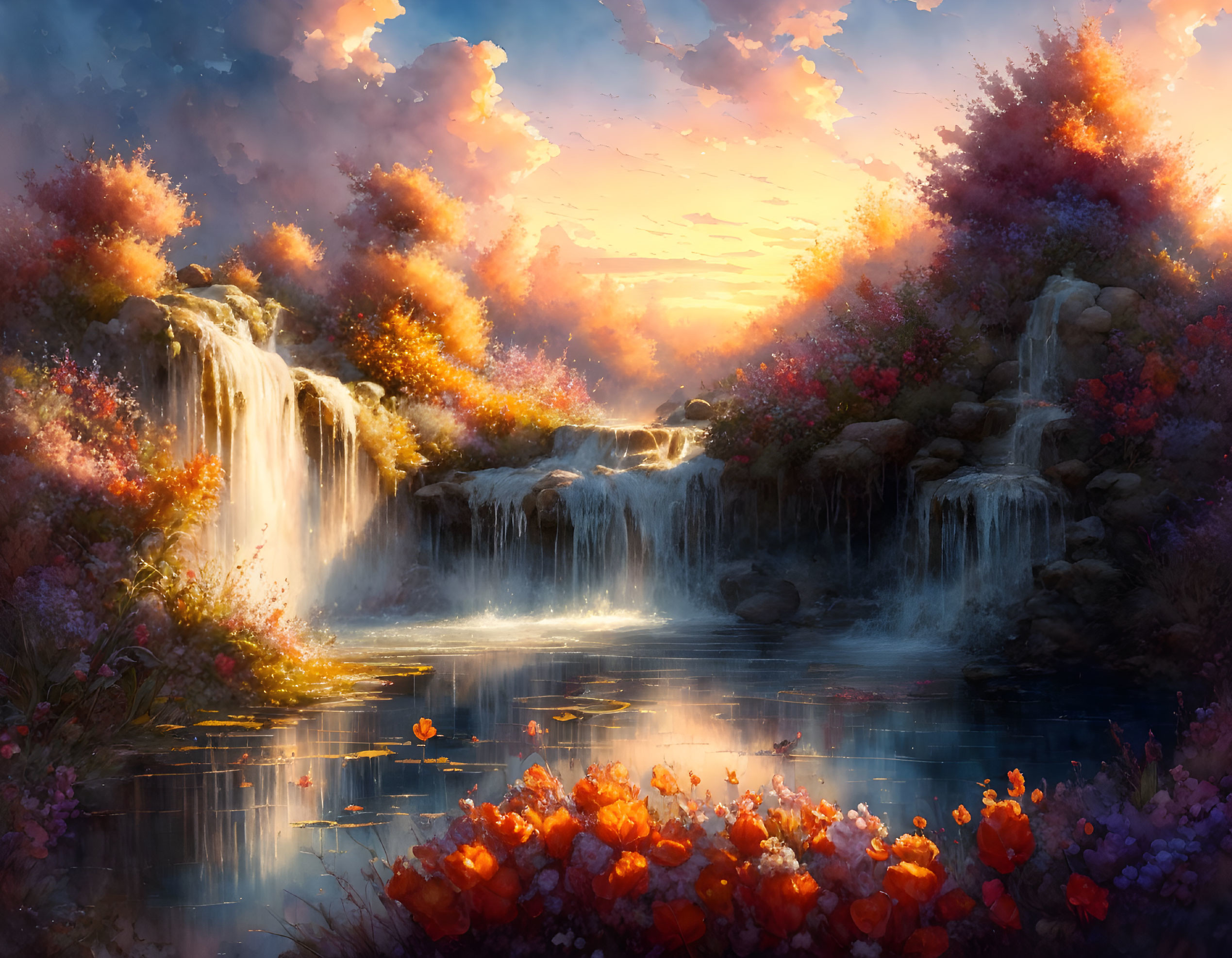 Tranquil landscape with cascading waterfalls and colorful flora