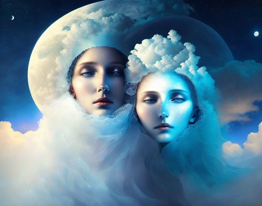 Serenely expressive faces in night sky digital art