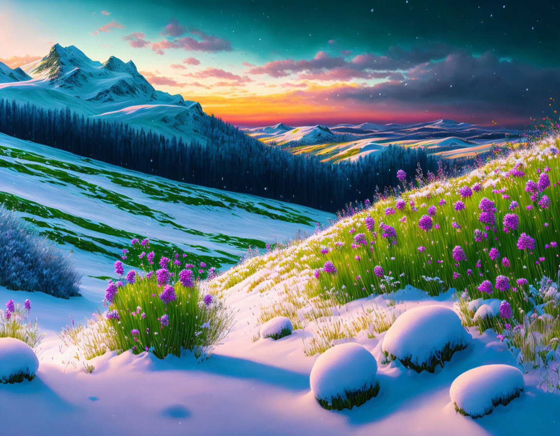 Scenic snowy landscape with mountains at sunset