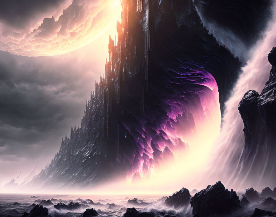 Fantastical Gothic structure with planet backdrop and purple energy portal