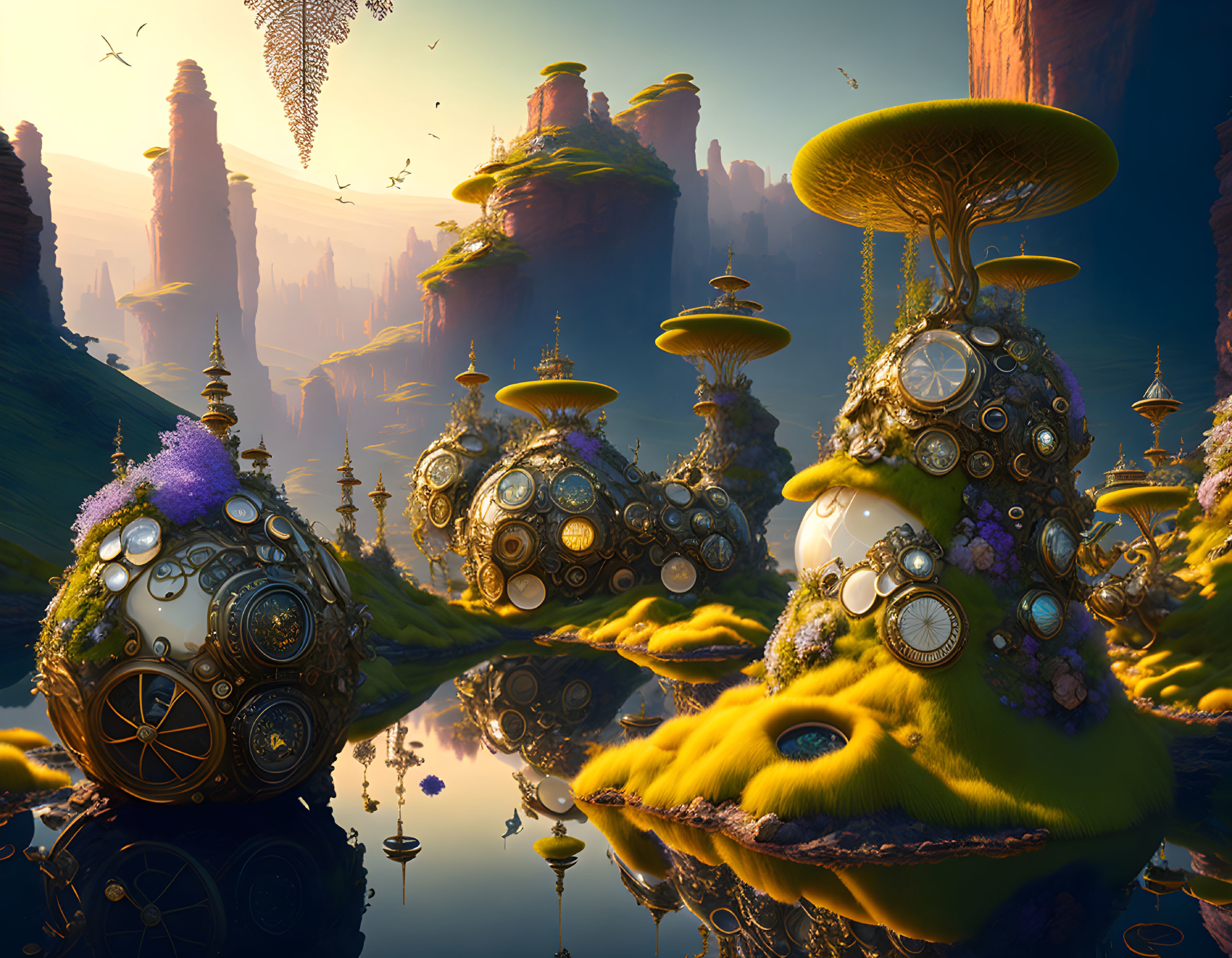 Fantastical landscape with mushroom-like structures and clocks in serene, golden-hued environment