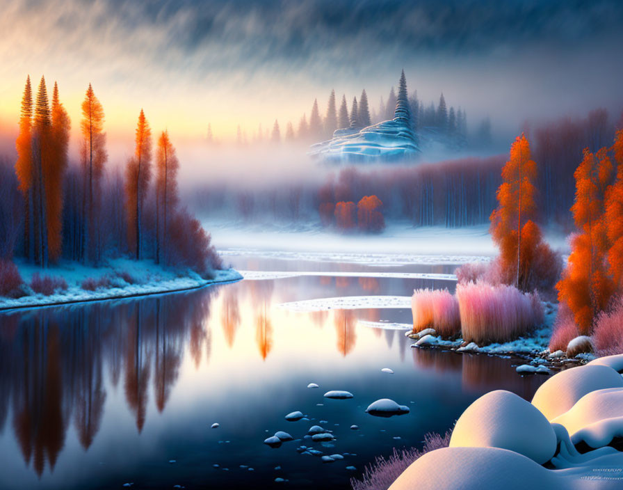 Misty River in Autumn Forest with Snow and Stones