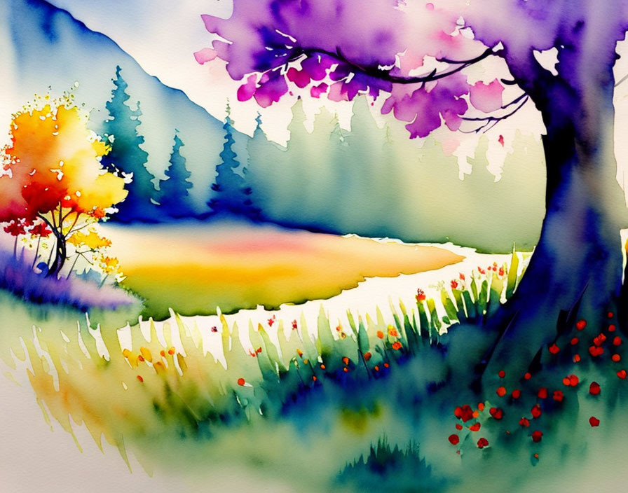 Colorful watercolor landscape with flowers, purple tree, mountains.