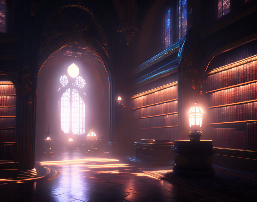 Gothic-style Library with Arched Windows and Sunlit Books