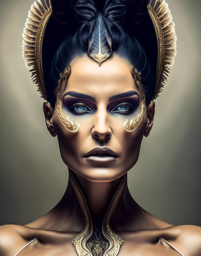 Stylized portrait of woman with blue eye makeup and gold facial jewelry