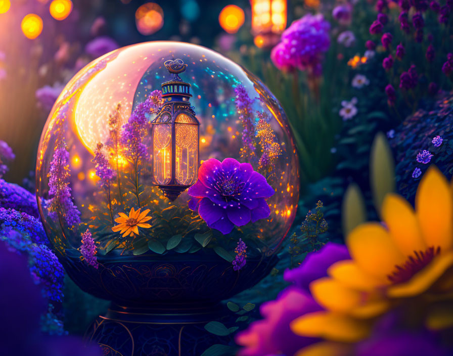 Luminous lantern in crystal ball amidst blooming flowers at dusk