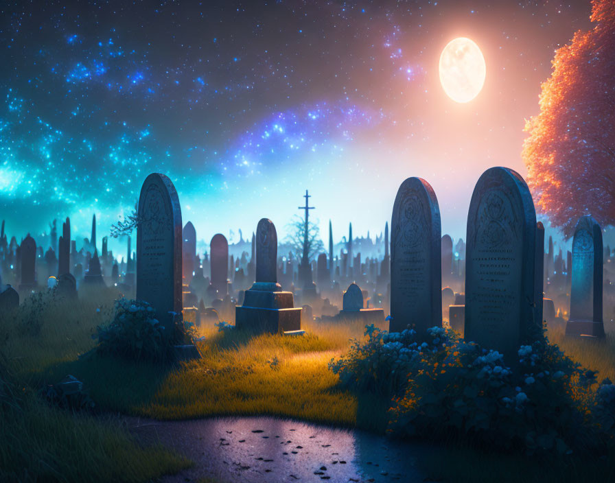 Moonlit Cemetery with Blue and Orange Hues and Tombstones