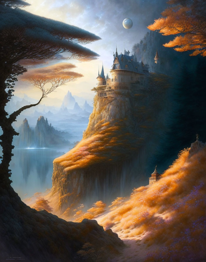 Fantastical landscape with castle, cliff, lake, orange foliage, and distant planet