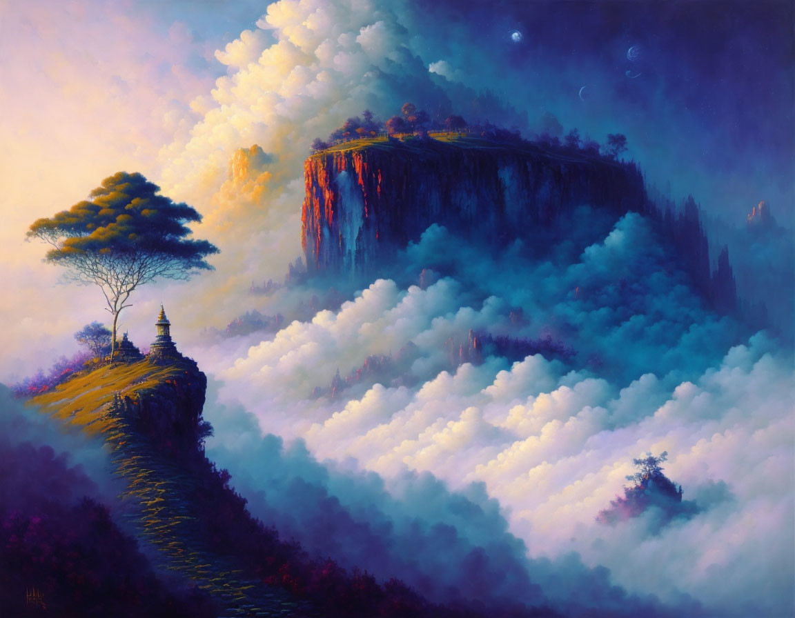 Serene plateau painting with lone tree and stupa in twilight landscape