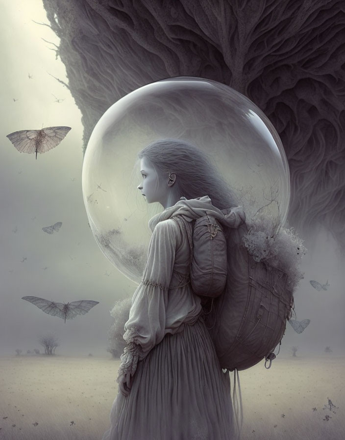 Woman with large backpack gazing into transparent orb in surreal monochrome landscape