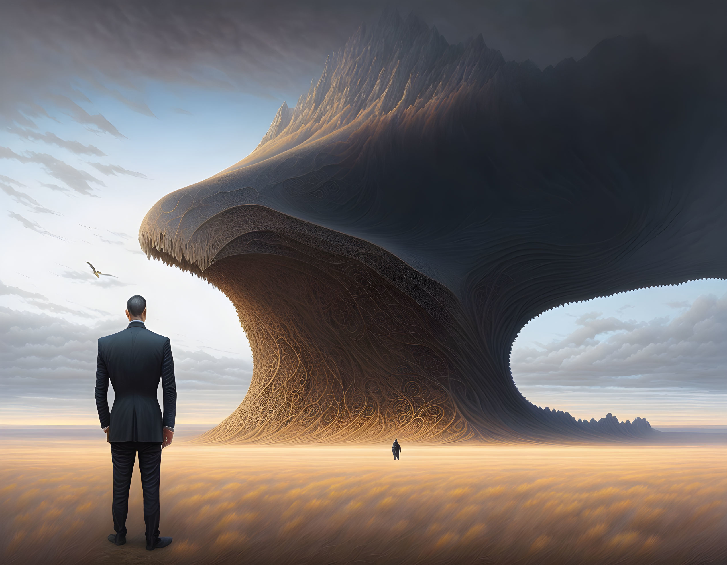 Man in suit gazes at surreal mountain landscape under dramatic sky