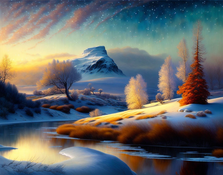 Snow-covered mountain and starry night sky in serene winter scene