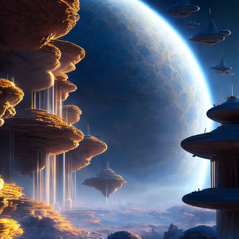 Futuristic city with organic towers, hovering spacecraft, under giant celestial body